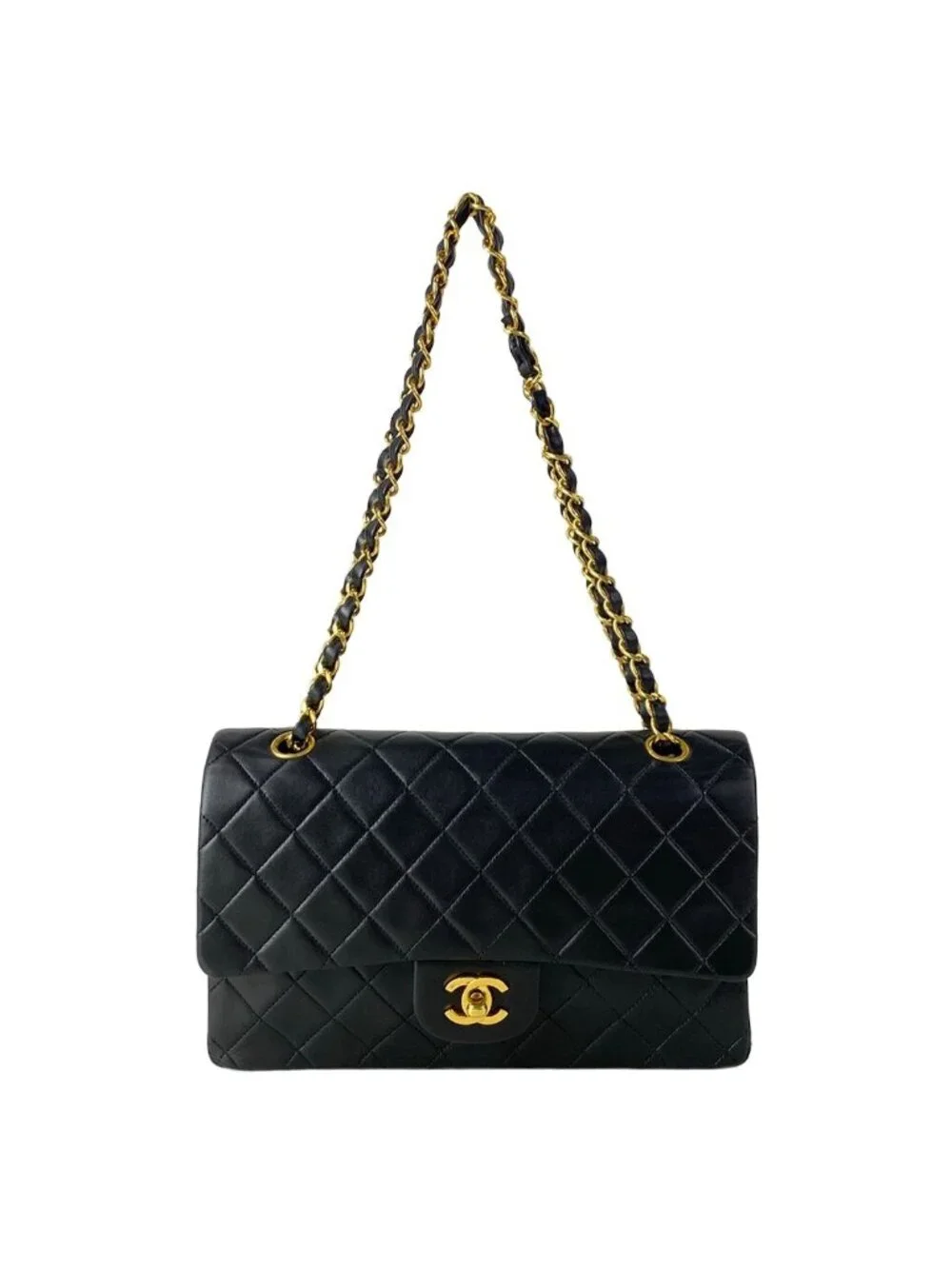 Chanel Shoulder Bag Double Flap Quilted Black Chain Gold